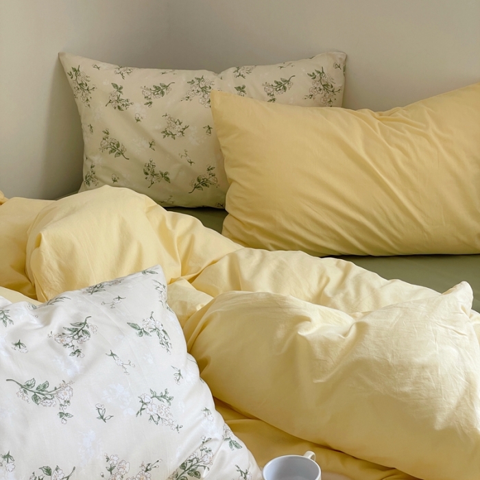 91家纺网 家纺一手货源 找家纺 新款40s全棉水洗棉四件套纯色碎花混搭纯棉奶油栀子奶茶+抹茶