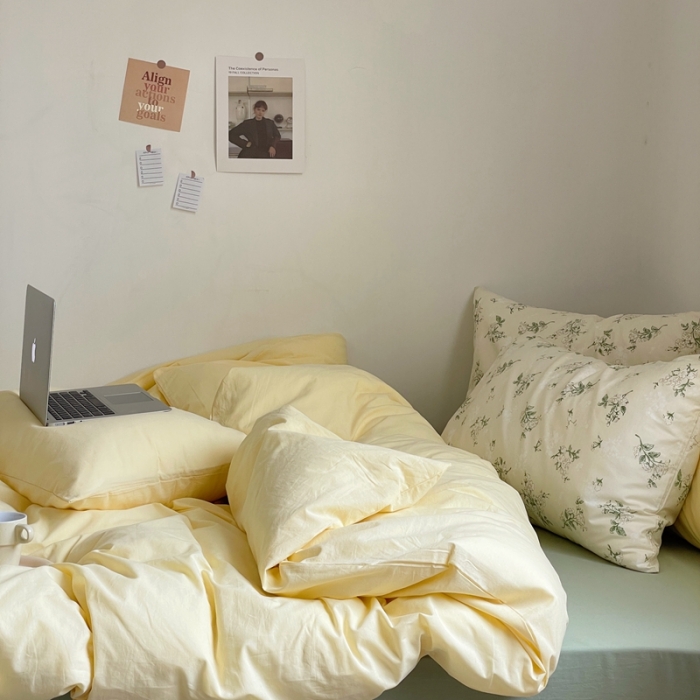 91家纺网 家纺一手货源 找家纺 新款40s全棉水洗棉四件套纯色碎花混搭纯棉奶油栀子奶茶+抹茶