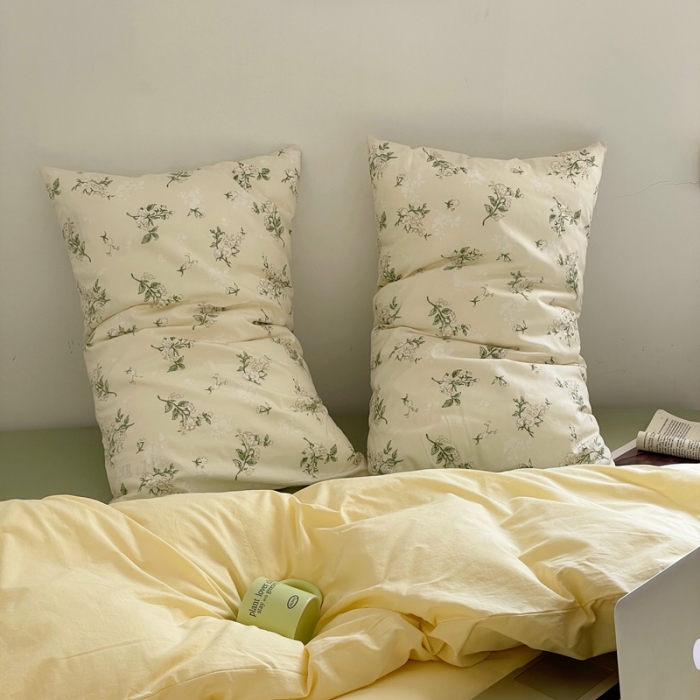 91家纺网 家纺一手货源 找家纺 新款40s全棉水洗棉四件套纯色碎花混搭纯棉奶油栀子奶茶+抹茶