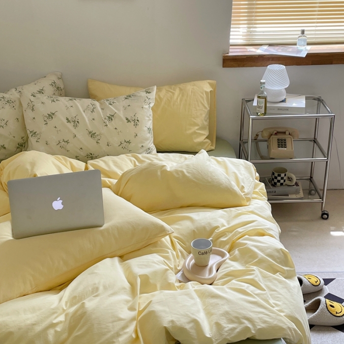 91家纺网 家纺一手货源 找家纺 新款40s全棉水洗棉四件套纯色碎花混搭纯棉奶油栀子奶茶+抹茶