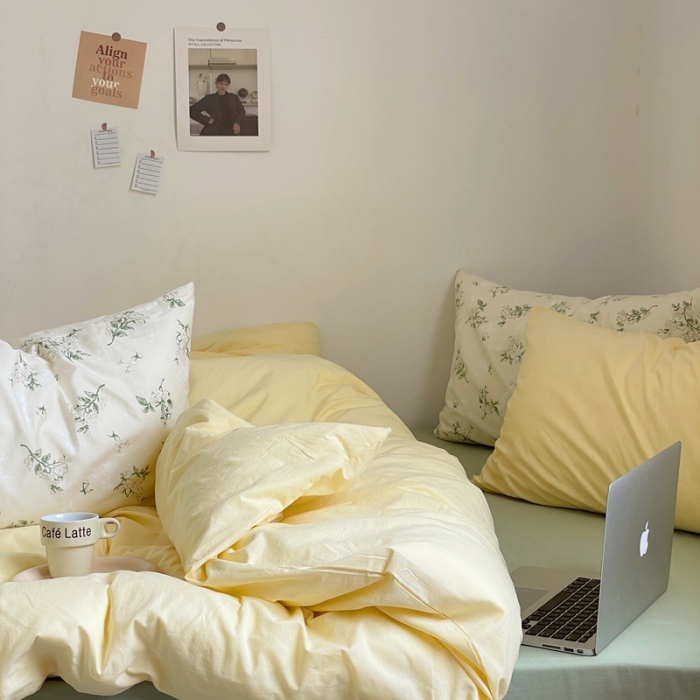 91家纺网 家纺一手货源 找家纺 新款40s全棉水洗棉四件套纯色碎花混搭纯棉奶油栀子奶茶+抹茶