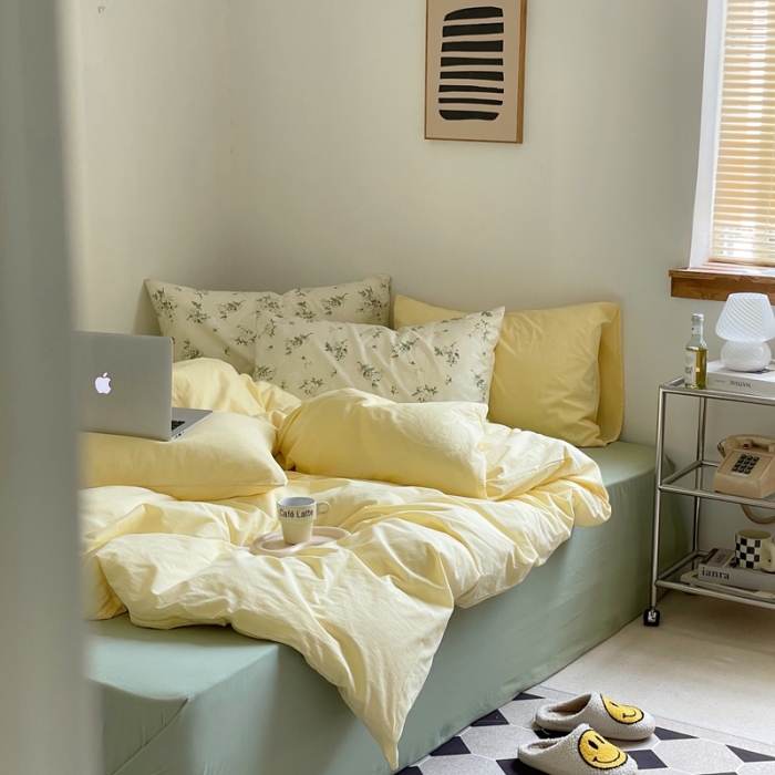 91家纺网 家纺一手货源 找家纺 新款40s全棉水洗棉四件套纯色碎花混搭纯棉奶油栀子奶茶+抹茶