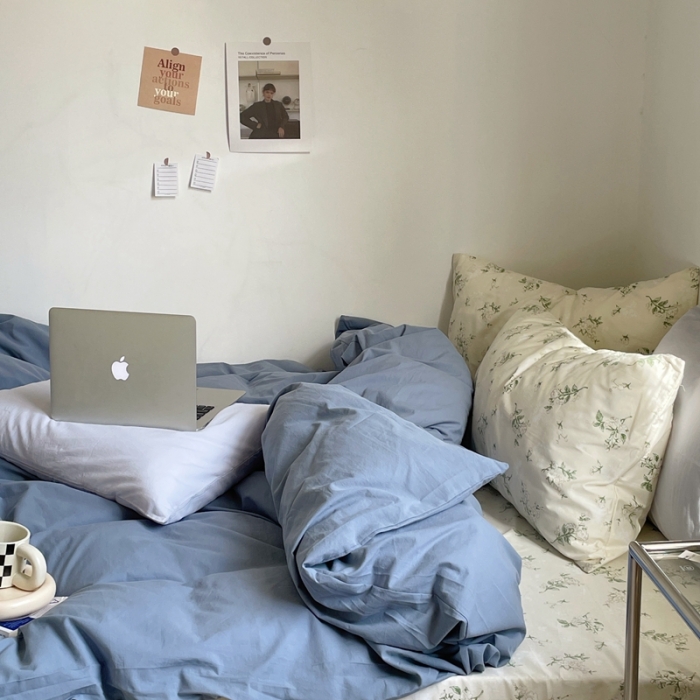 91家纺网 家纺一手货源 找家纺 新款40s全棉水洗棉四件套纯色碎花混搭纯棉 素瑾-雾蓝+栀子