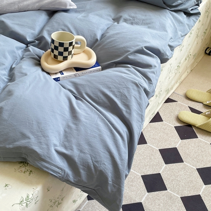 91家纺网 家纺一手货源 找家纺 新款40s全棉水洗棉四件套纯色碎花混搭纯棉 素瑾-雾蓝+栀子