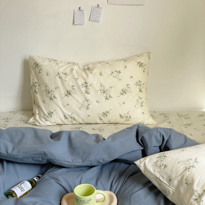 91家纺网 家纺一手货源 找家纺 新款40s全棉水洗棉四件套纯色碎花混搭纯棉 素瑾-雾蓝+栀子