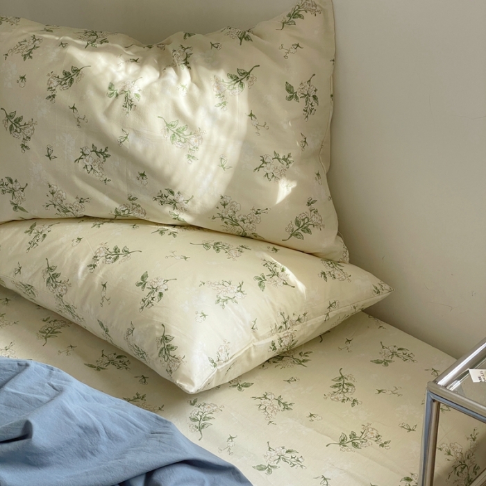 91家纺网 家纺一手货源 找家纺 新款40s全棉水洗棉四件套纯色碎花混搭纯棉 素瑾-雾蓝+栀子