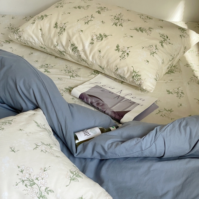 91家纺网 家纺一手货源 找家纺 新款40s全棉水洗棉四件套纯色碎花混搭纯棉 素瑾-雾蓝+栀子