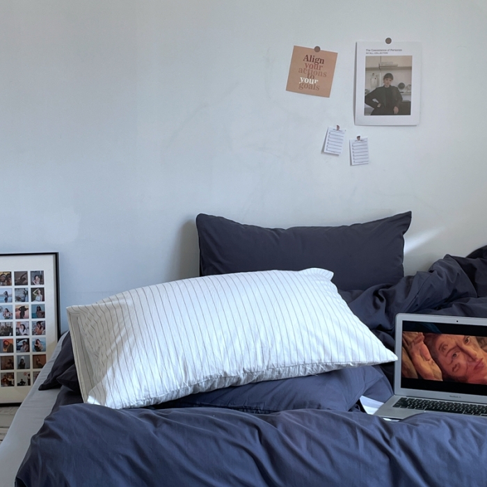 91家纺网 家纺一手货源 找家纺 新款40s全棉水洗棉四件套纯色碎花混搭纯棉午后-蓝灰+浅蓝