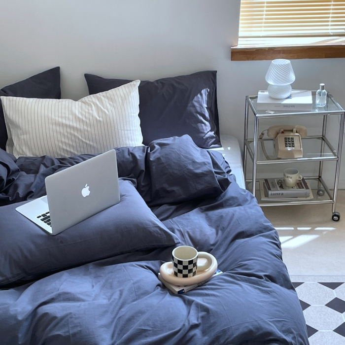 91家纺网 家纺一手货源 找家纺 新款40s全棉水洗棉四件套纯色碎花混搭纯棉午后-蓝灰+浅蓝