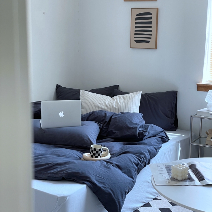 91家纺网 家纺一手货源 找家纺 新款40s全棉水洗棉四件套纯色碎花混搭纯棉午后-蓝灰+浅蓝