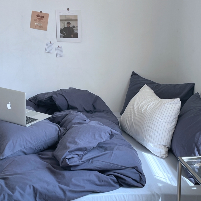 91家纺网 家纺一手货源 找家纺 新款40s全棉水洗棉四件套纯色碎花混搭纯棉午后-蓝灰+浅蓝