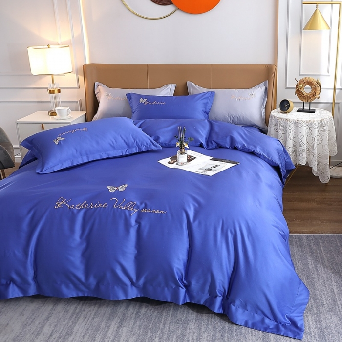 91家纺网 家纺一手货源 找家纺 总-2024全棉双股50支双股贡缎长绒棉绣花四件套蝶舞纯棉刺绣