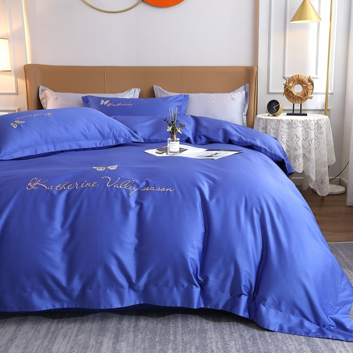 91家纺网 家纺一手货源 找家纺 总-2024全棉双股50支双股贡缎长绒棉绣花四件套蝶舞纯棉刺绣