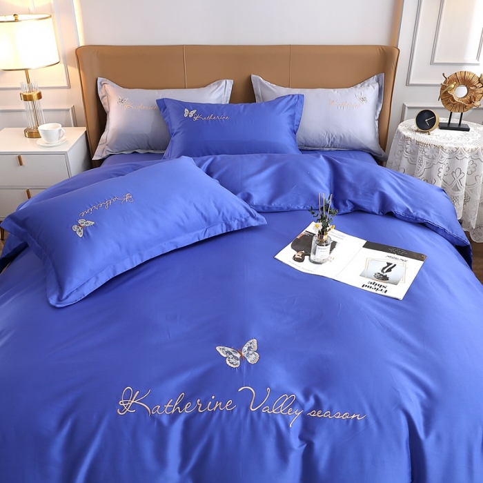 91家纺网 家纺一手货源 找家纺 总-2024全棉双股50支双股贡缎长绒棉绣花四件套蝶舞纯棉刺绣