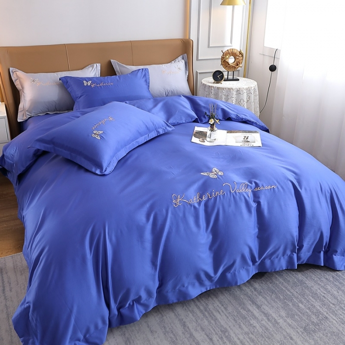 91家纺网 家纺一手货源 找家纺 总-2024全棉双股50支双股贡缎长绒棉绣花四件套蝶舞纯棉刺绣