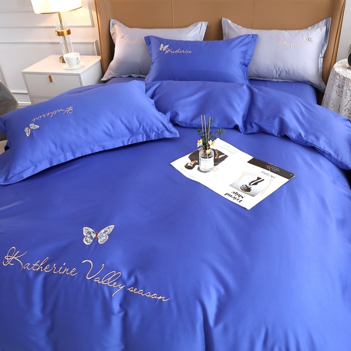 91家纺网 家纺一手货源 找家纺 总-2024全棉双股50支双股贡缎长绒棉绣花四件套蝶舞纯棉刺绣