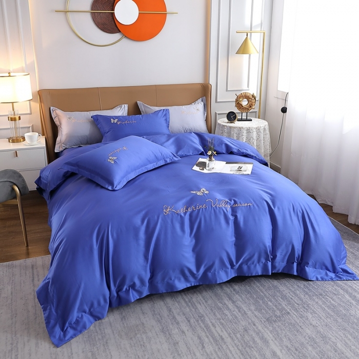 91家纺网 家纺一手货源 找家纺 总-2024全棉双股50支双股贡缎长绒棉绣花四件套蝶舞纯棉刺绣