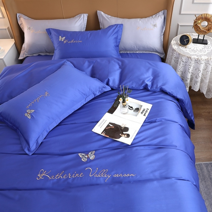 91家纺网 家纺一手货源 找家纺 总-2024全棉双股50支双股贡缎长绒棉绣花四件套蝶舞纯棉刺绣