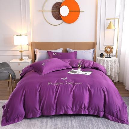 晶缦家纺 2022全棉双股50支双股贡缎长绒棉绣花四件套-蝶舞 高雅紫