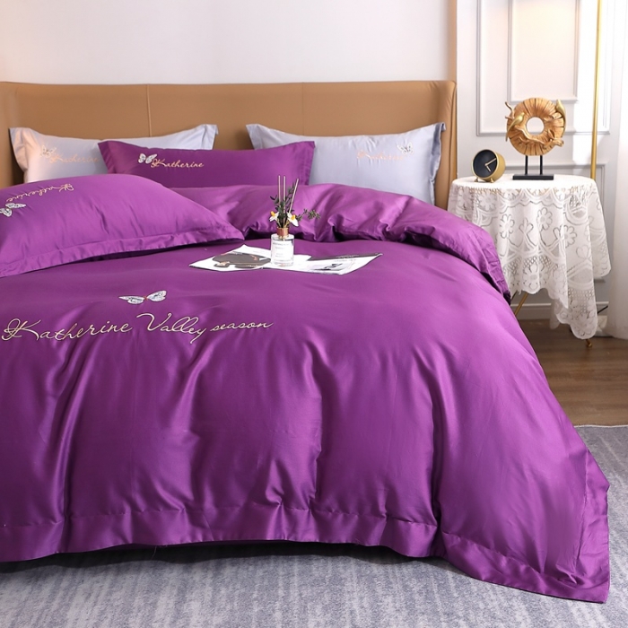 91家纺网 家纺一手货源 找家纺 晶缦家纺 2022全棉双股50支双股贡缎长绒棉绣花四件套-蝶舞 高雅紫