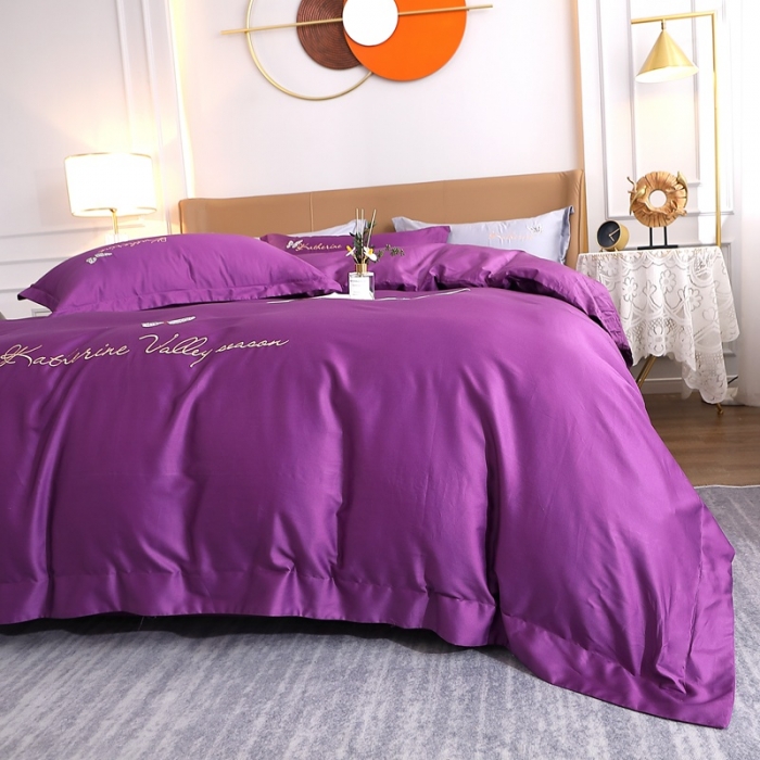 91家纺网 家纺一手货源 找家纺 晶缦家纺 2022全棉双股50支双股贡缎长绒棉绣花四件套-蝶舞 高雅紫