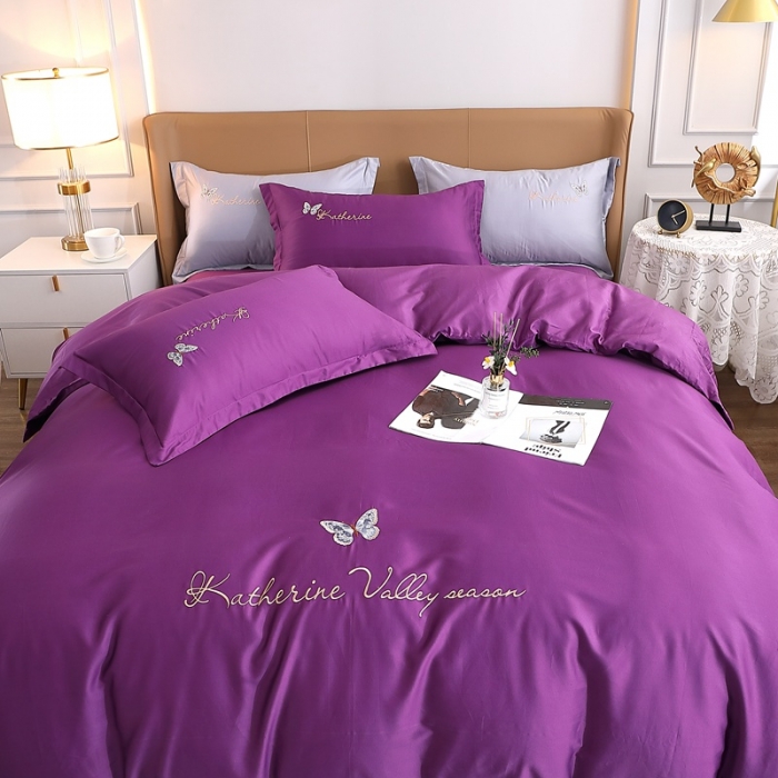 91家纺网 家纺一手货源 找家纺 晶缦家纺 2022全棉双股50支双股贡缎长绒棉绣花四件套-蝶舞 高雅紫