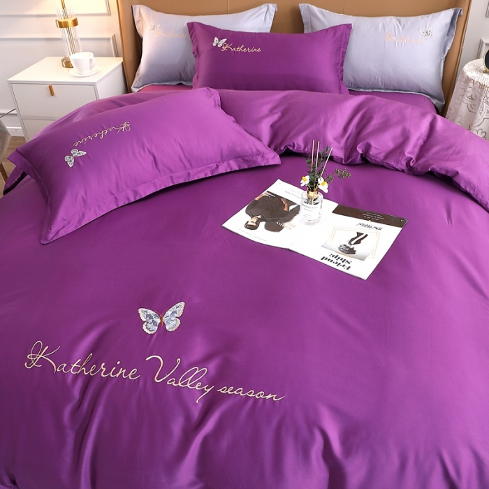 91家纺网 家纺一手货源 找家纺 晶缦家纺 2022全棉双股50支双股贡缎长绒棉绣花四件套-蝶舞 高雅紫