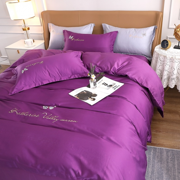 91家纺网 家纺一手货源 找家纺 晶缦家纺 2022全棉双股50支双股贡缎长绒棉绣花四件套-蝶舞 高雅紫