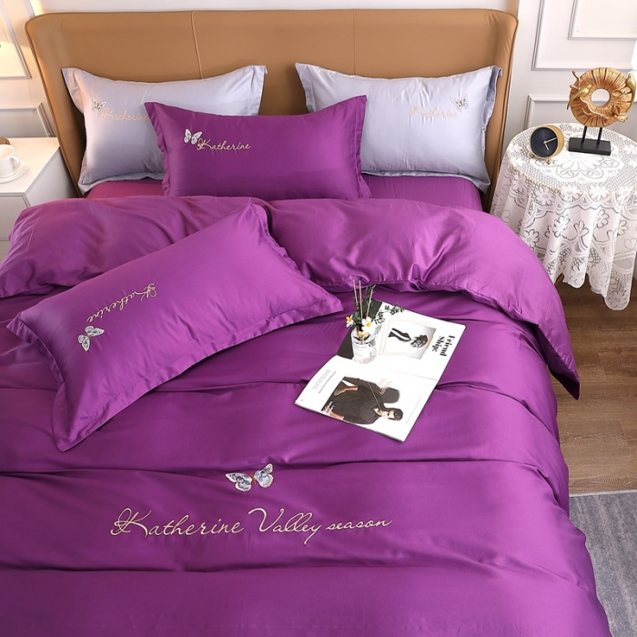 91家纺网 家纺一手货源 找家纺 晶缦家纺 2022全棉双股50支双股贡缎长绒棉绣花四件套-蝶舞 高雅紫