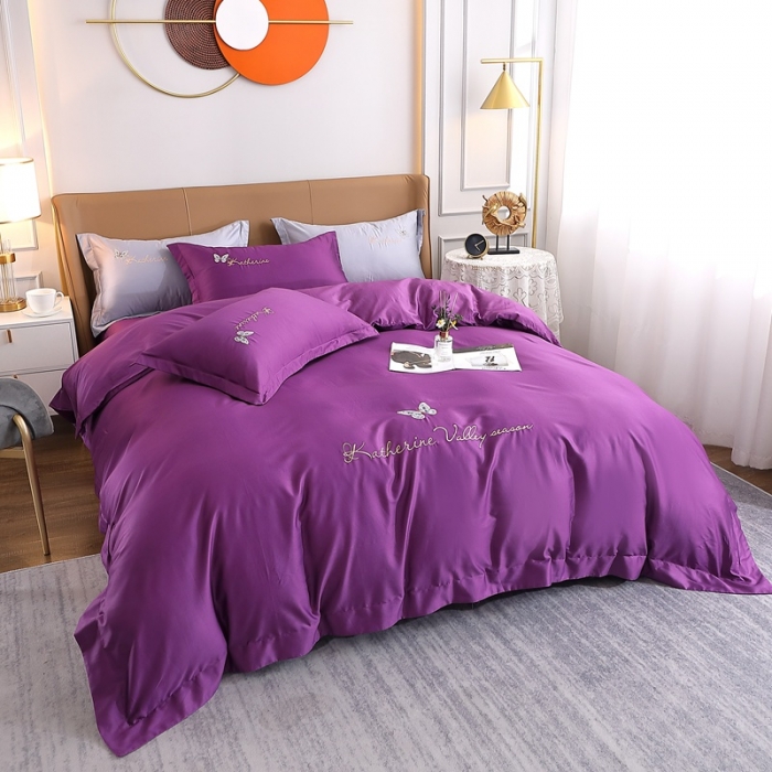 91家纺网 家纺一手货源 找家纺 晶缦家纺 2022全棉双股50支双股贡缎长绒棉绣花四件套-蝶舞 高雅紫