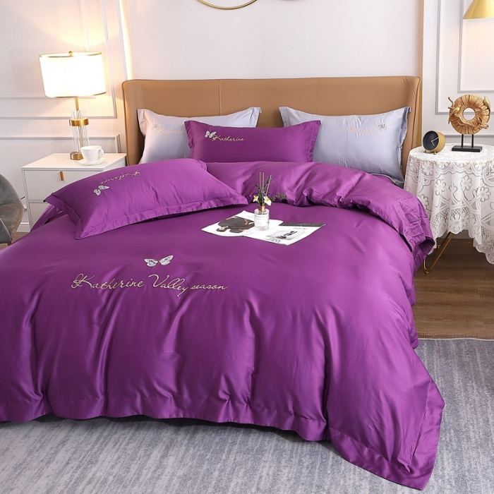 91家纺网 家纺一手货源 找家纺 晶缦家纺 2022全棉双股50支双股贡缎长绒棉绣花四件套-蝶舞 高雅紫