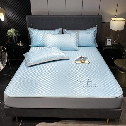 91家纺网 家纺一手货源 找家纺 秀色 2025新款棋盘格冰丝席-床笠款 棋盘格-天蓝