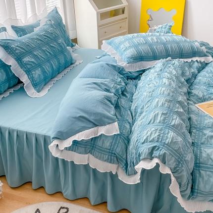 91家纺网 家纺一手货源 找家纺 金米诺 2022新款泡泡纱格子四件套 柔光蓝