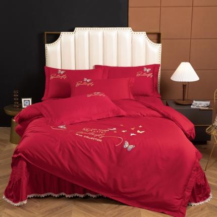 91家纺网 家纺一手货源 找家纺 木兰花2023新款 120S长绒棉刺绣四件套床盖床裙款中国红