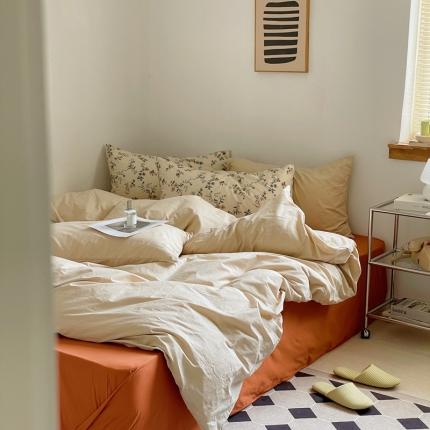 91家纺网 家纺一手货源 找家纺 梦享生活家居2022新款40s水洗棉四件套碎花系列卡其+焦糖