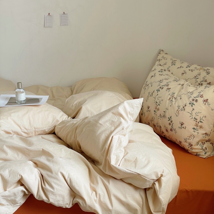 91家纺网 家纺一手货源 找家纺 梦享生活家居2022新款40s水洗棉四件套碎花系列卡其+焦糖