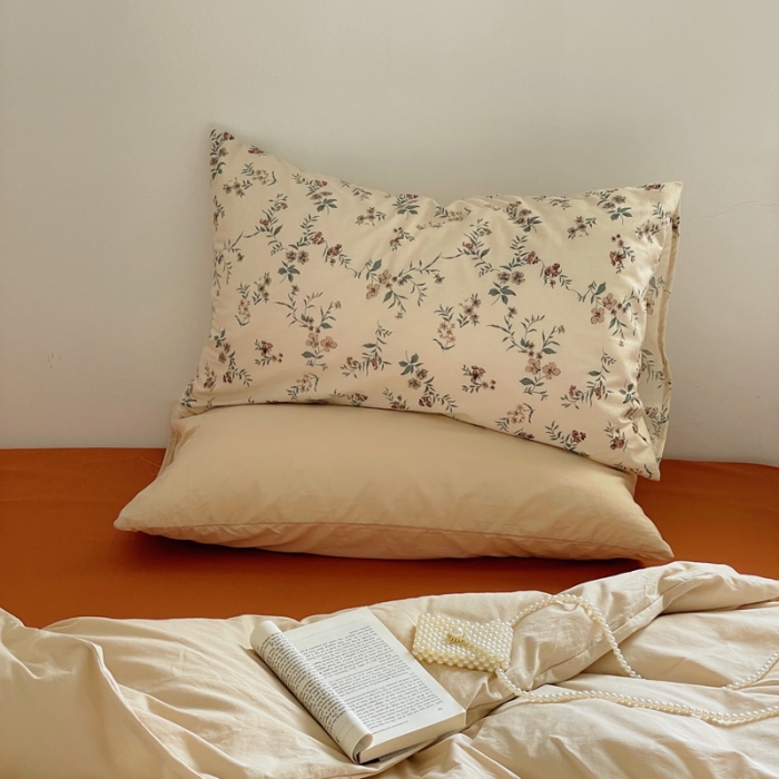 91家纺网 家纺一手货源 找家纺 梦享生活家居2022新款40s水洗棉四件套碎花系列卡其+焦糖