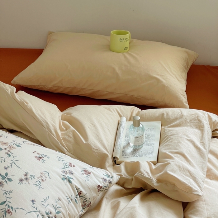 91家纺网 家纺一手货源 找家纺 梦享生活家居2022新款40s水洗棉四件套碎花系列卡其+焦糖