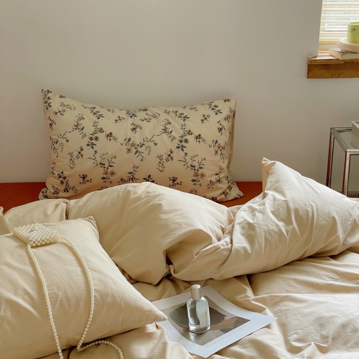 91家纺网 家纺一手货源 找家纺 梦享生活家居2022新款40s水洗棉四件套碎花系列卡其+焦糖