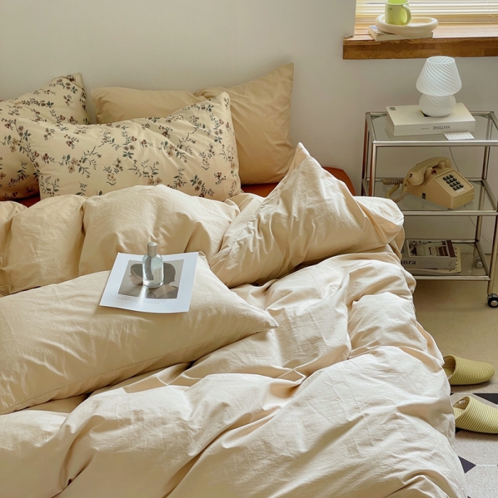 91家纺网 家纺一手货源 找家纺 梦享生活家居2022新款40s水洗棉四件套碎花系列卡其+焦糖