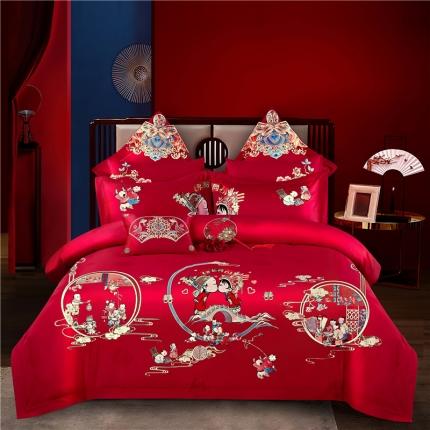 91家纺网 家纺一手货源 找家纺 2025新款120S全棉刺绣贡缎提花婚庆四件套多件套百子纳福