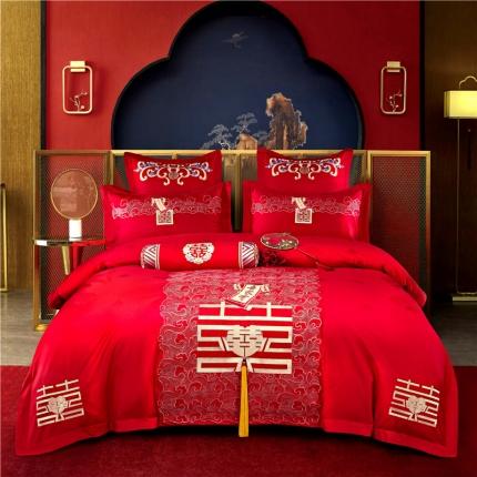 91家纺网 家纺一手货源 找家纺 2025新款120S全棉刺绣贡缎提花婚庆四件套多件套吾家有喜