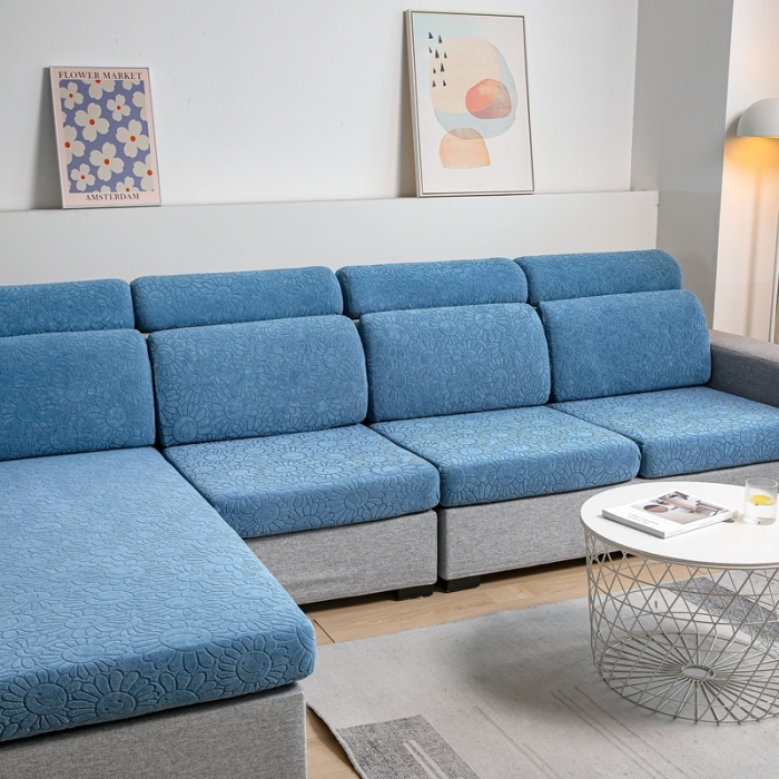 91家纺网 家纺一手货源 找家纺 千彤沙发垫 2022新款提花太阳花系列沙发套 水蓝