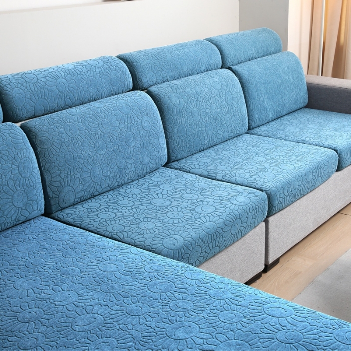91家纺网 家纺一手货源 找家纺 千彤沙发垫 2022新款提花太阳花系列沙发套 水蓝