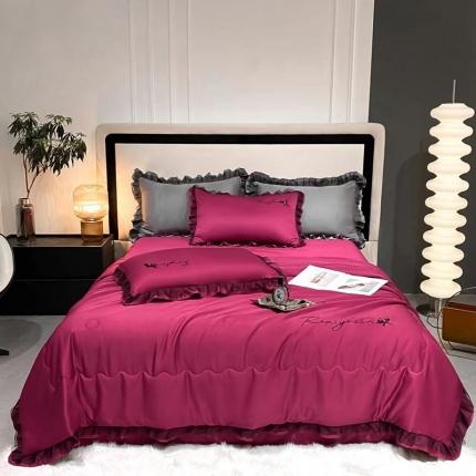 91家纺网 家纺一手货源 找家纺 富米莱（原臻工厂）2023新款同心结韩版水洗天丝夏被四件套同心结樱桃红
