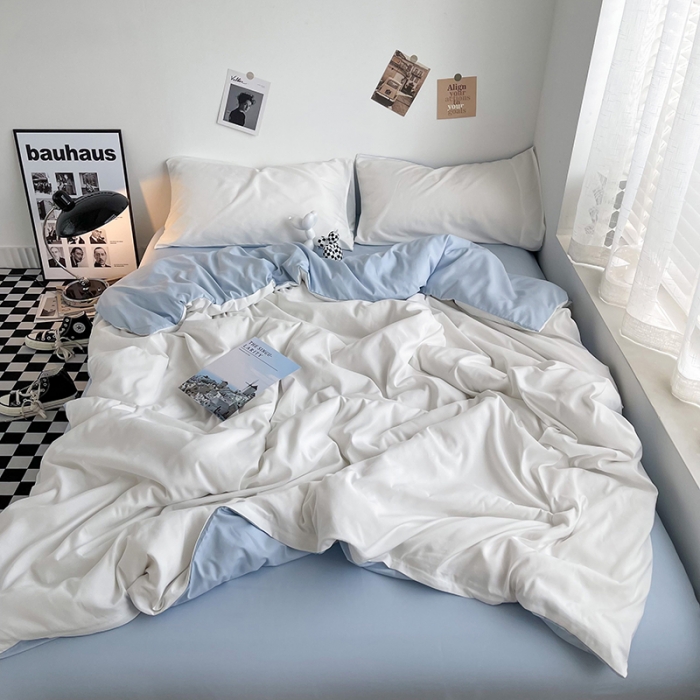 91家纺网 家纺一手货源 找家纺 曼谷家纺 新款ins风双拼小红书同款混搭床上四件套 双拼-奶白浅蓝