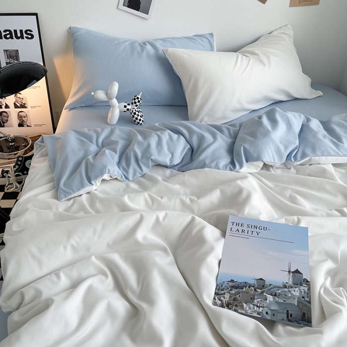 91家纺网 家纺一手货源 找家纺 曼谷家纺 新款ins风双拼小红书同款混搭床上四件套 双拼-奶白浅蓝