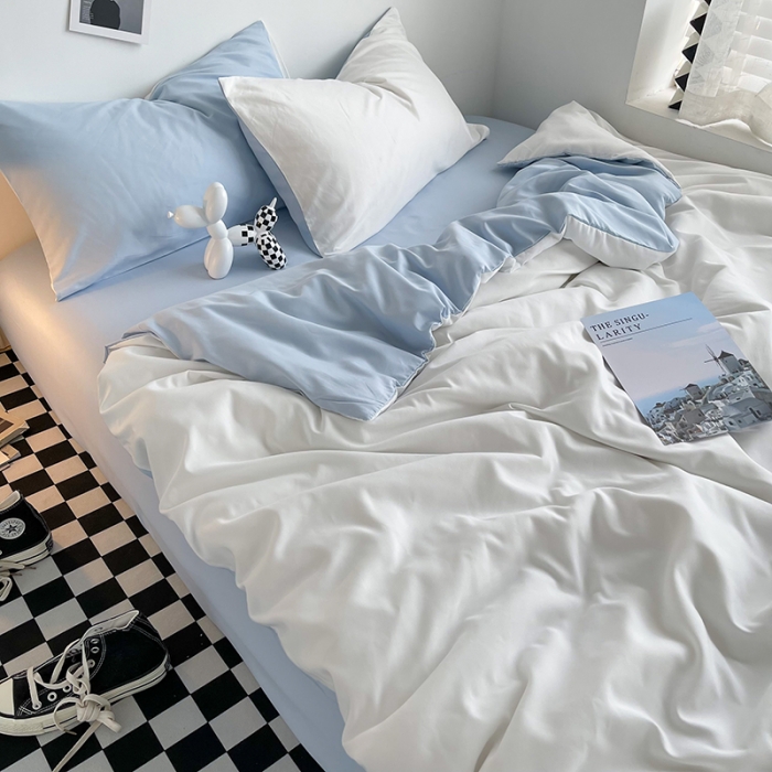 91家纺网 家纺一手货源 找家纺 曼谷家纺 新款ins风双拼小红书同款混搭床上四件套 双拼-奶白浅蓝