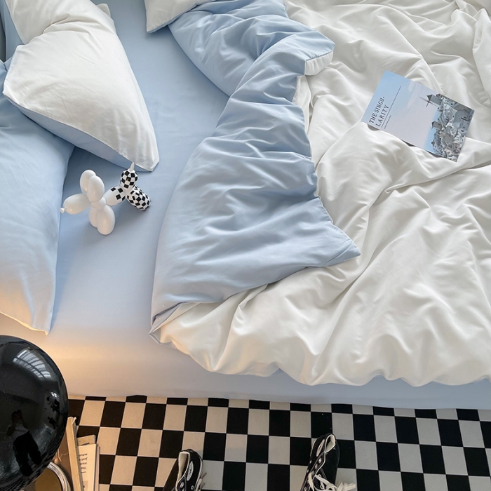 91家纺网 家纺一手货源 找家纺 曼谷家纺 新款ins风双拼小红书同款混搭床上四件套 双拼-奶白浅蓝