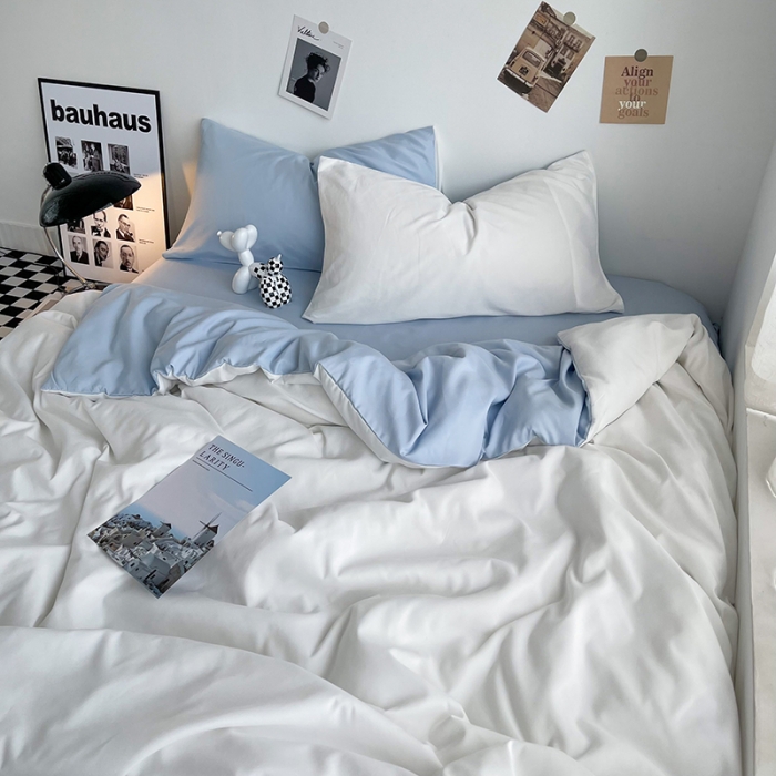 91家纺网 家纺一手货源 找家纺 曼谷家纺 新款ins风双拼小红书同款混搭床上四件套 双拼-奶白浅蓝